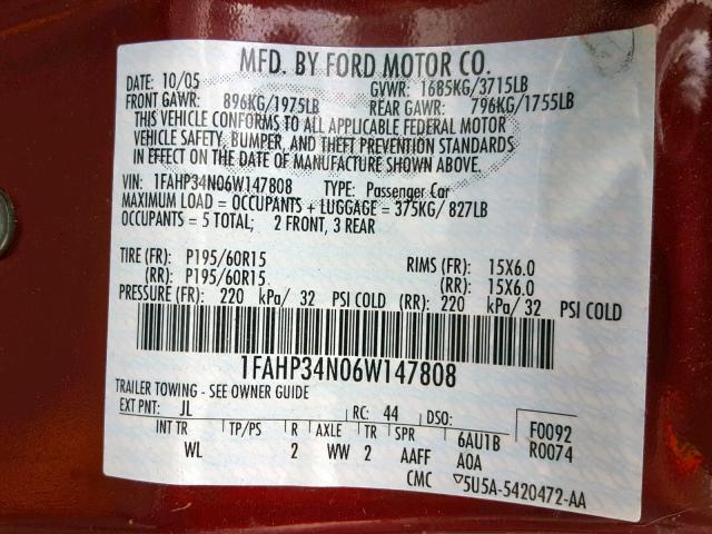 1FAHP34N06W147808 - 2006 FORD FOCUS ZX4 RED photo 10