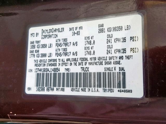 1D7HA16K84J148854 - 2004 DODGE RAM 1500 S BURGUNDY photo 10