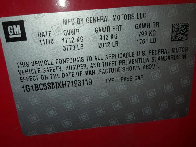 1G1BC5SMXH7193119 - 2017 CHEVROLET CRUZE LS RED photo 10