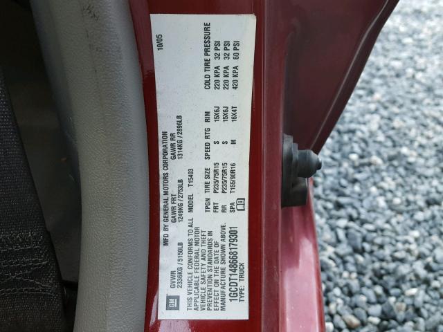 1GCDT148668179301 - 2006 CHEVROLET COLORADO BURGUNDY photo 10