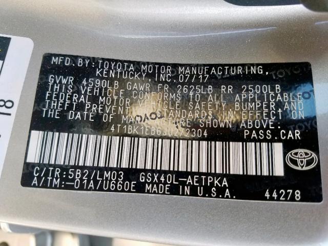 4T1BK1EB6JU272304 - 2018 TOYOTA AVALON XLE TAN photo 10