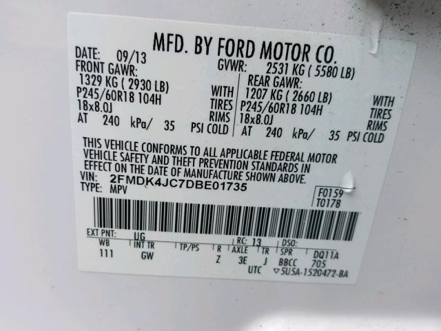 2FMDK4JC7DBE01735 - 2013 FORD EDGE SEL WHITE photo 10