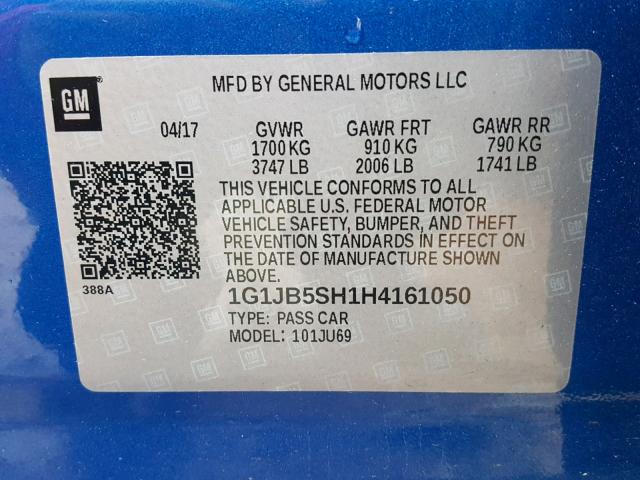 1G1JB5SH1H4161050 - 2017 CHEVROLET SONIC LS 蓝色 照片 10