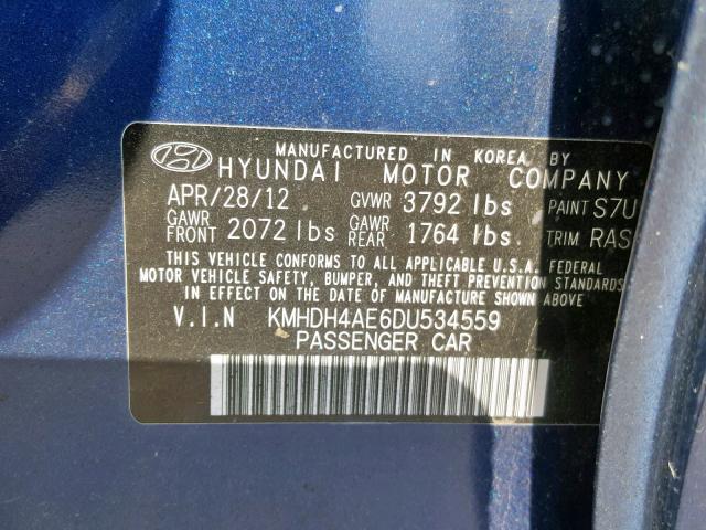 KMHDH4AE6DU534559 - 2013 HYUNDAI ELANTRA GL BLUE photo 10