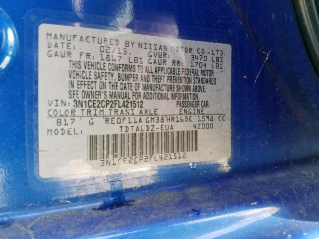 3N1CE2CP2FL421512 - 2015 NISSAN VERSA NOTE BLUE photo 10