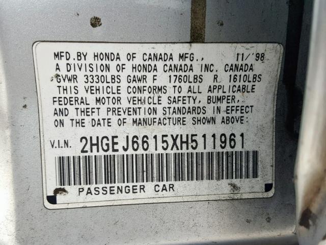 2HGEJ6615XH511961 - 1999 HONDA CIVIC BASE SILVER photo 10