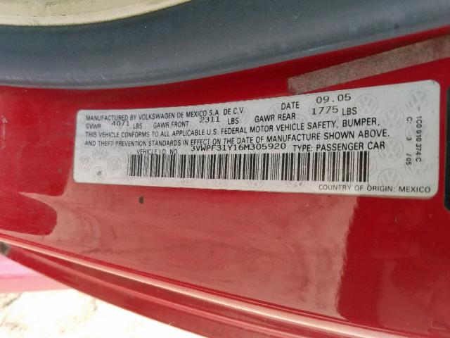 3VWPF31Y16M305920 - 2006 VOLKSWAGEN NEW BEETLE წითელი ფოტო 10