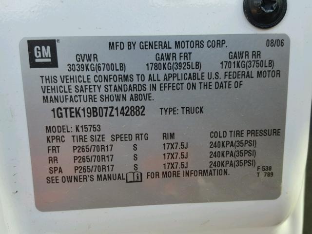 1GTEK19B07Z142882 - 2007 GMC NEW SIERRA WHITE photo 10