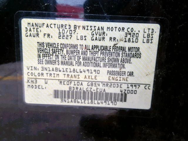 3N1AB61E18L649190 - 2008 NISSAN SENTRA 2.0 BLACK photo 10