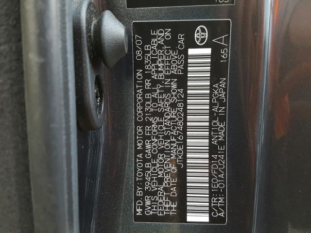 JTKDE167480248124 - 2008 TOYOTA SCION TC ნაცრისფერი ფოტო 10