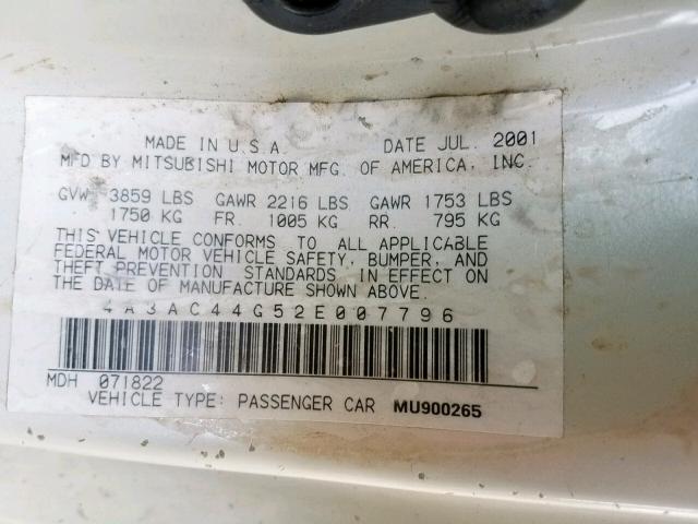 4A3AC44G52E007796 - 2002 MITSUBISHI ECLIPSE GS WHITE photo 10