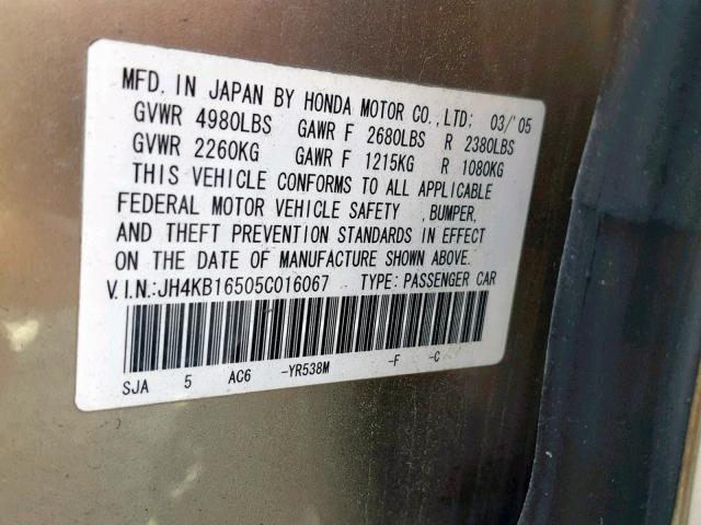 JH4KB16505C016067 - 2005 ACURA RL GOLD photo 10