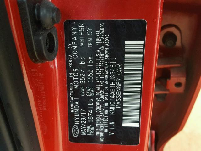 KMHCT4AE1HU334611 - 2017 HYUNDAI ACCENT SE RED photo 10