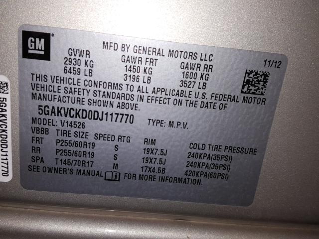 5GAKVCKD0DJ117770 - 2013 BUICK ENCLAVE SILVER photo 10