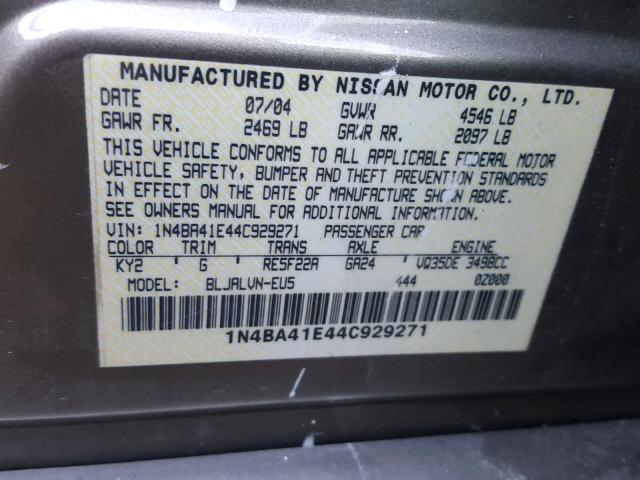 1N4BA41E44C929271 - 2004 NISSAN MAXIMA SE GRAY photo 10