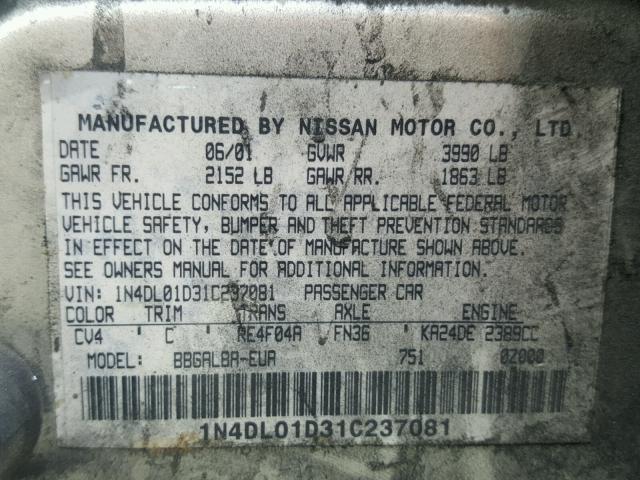 1N4DL01D31C237081 - 2001 NISSAN ALTIMA XE TAN photo 10