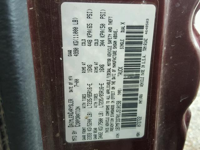 1B7MF33701J510158 - 2001 DODGE RAM 3500 MAROON photo 10