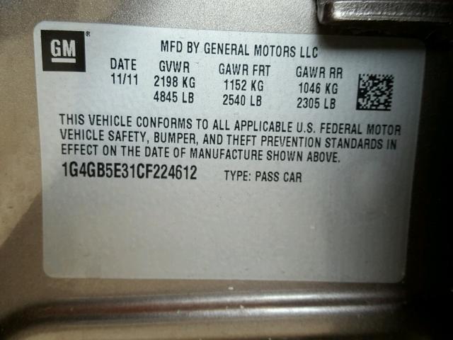 1G4GB5E31CF224612 - 2012 BUICK LACROSSE C GRAY photo 10