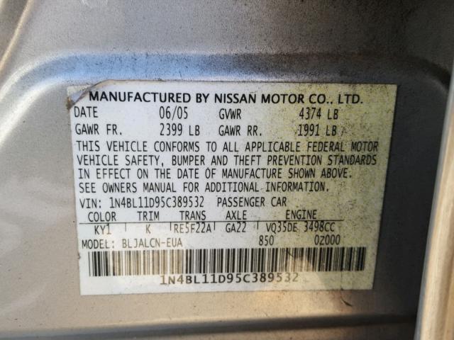 1N4BL11D95C389532 - 2005 NISSAN ALTIMA SE SILVER photo 10