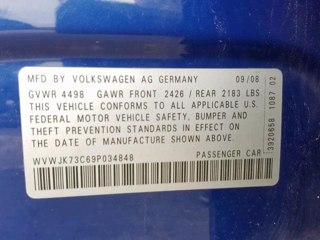 WVWJK73C69P034848 - 2009 VOLKSWAGEN PASSAT TUR BLUE photo 10