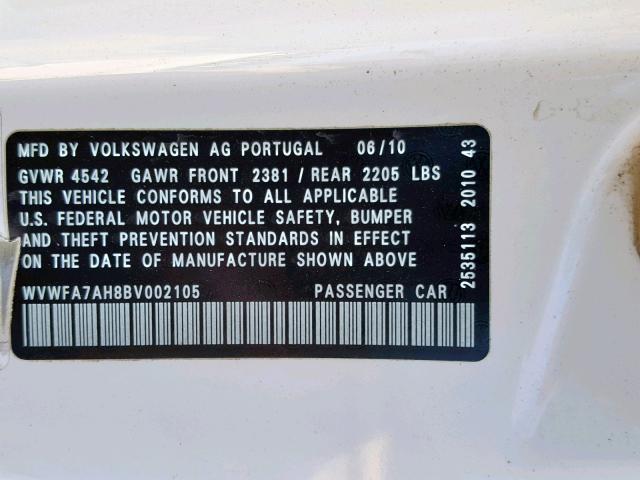 WVWFA7AH8BV002105 - 2011 VOLKSWAGEN EOS LUX 白色 照片 10