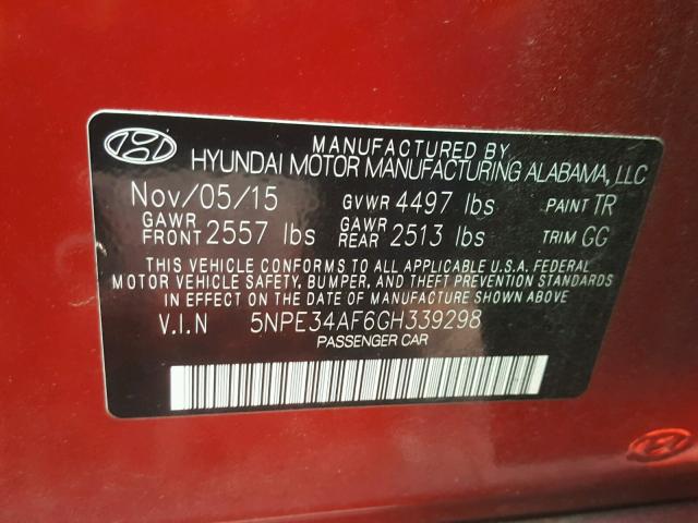 5NPE34AF6GH339298 - 2016 HYUNDAI SONATA SPO RED photo 10