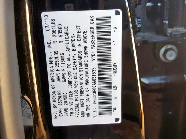 1HGCP3F86AA031533 - 2010 HONDA ACCORD EXL BLACK photo 10