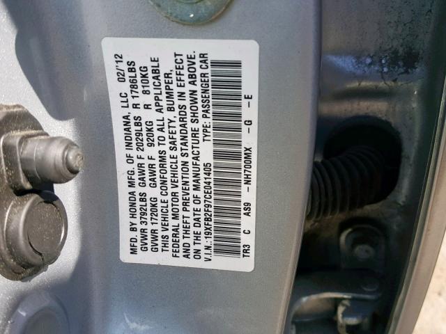 19XFB2F97CE041405 - 2012 HONDA CIVIC EXL 银色 照片 10