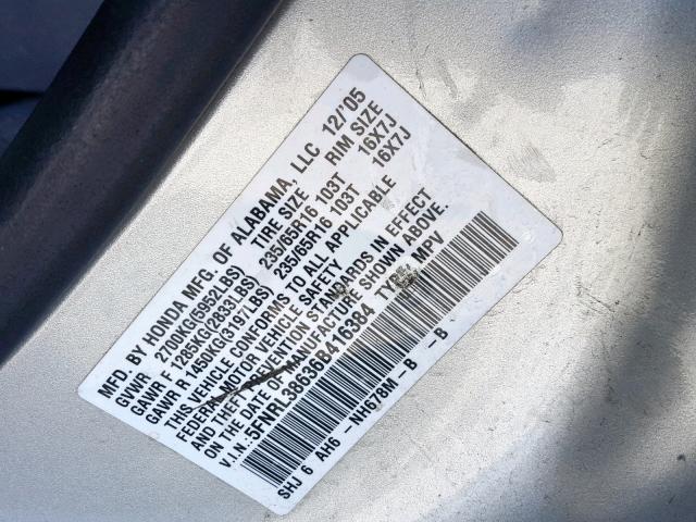 5FNRL38636B416384 - 2006 HONDA ODYSSEY EX SILVER photo 10