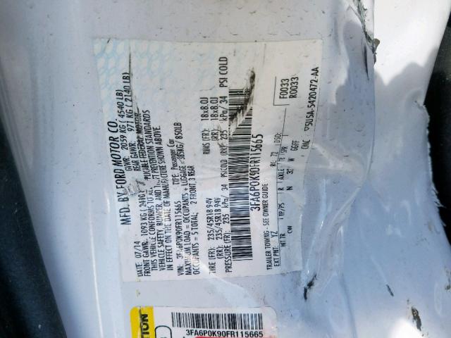 3FA6P0K90FR115665 - 2015 FORD FUSION TIT WHITE photo 10