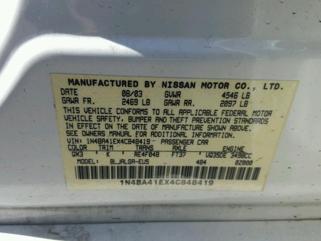 1N4BA41EX4C848419 - 2004 NISSAN MAXIMA SE WHITE photo 10