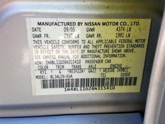 1N4BL11D26N315410 - 2006 NISSAN ALTIMA SE SILVER photo 10