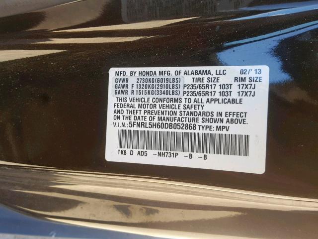 5FNRL5H60DB052868 - 2013 HONDA ODYSSEY EX GRAY photo 10