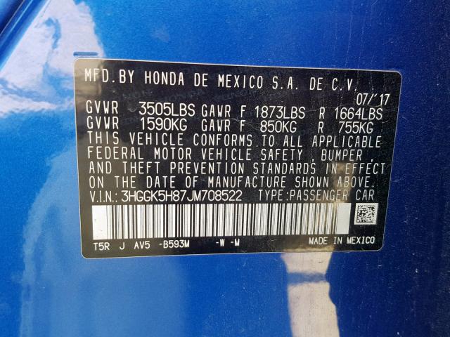 3HGGK5H87JM708522 - 2018 HONDA FIT EX BLUE photo 10