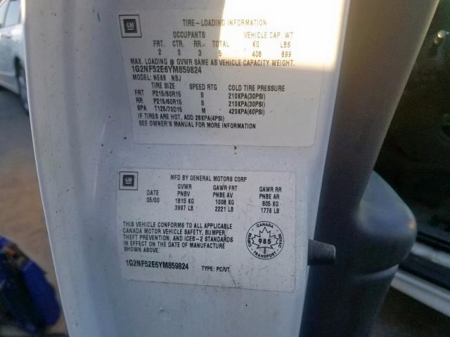 1G2NF52E6YM859824 - 2000 PONTIAC GRAND AM S WHITE photo 10