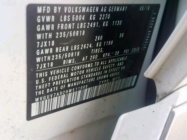 WVGUV7AX2HW511009 - 2017 VOLKSWAGEN TIGUAN SPO თეთრი ფოტო 10