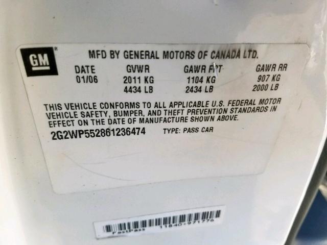 2G2WP552861236474 - 2006 PONTIAC GRAND PRIX WHITE photo 10