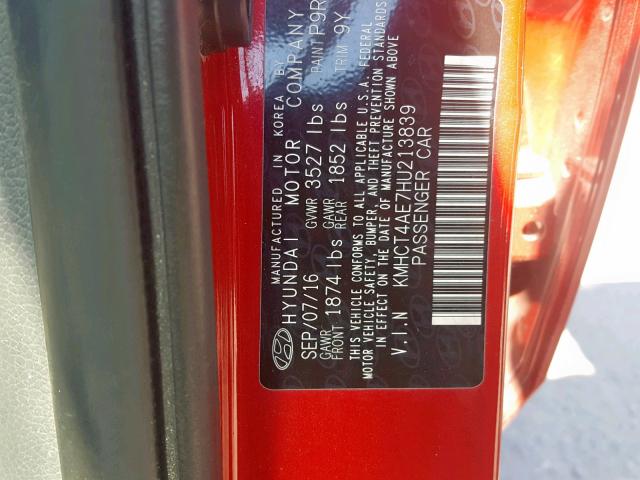 KMHCT4AE7HU213839 - 2017 HYUNDAI ACCENT SE RED photo 10