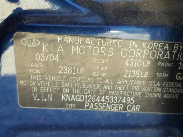 KNAGD126445337495 - 2004 KIA OPTIMA BLUE photo 10