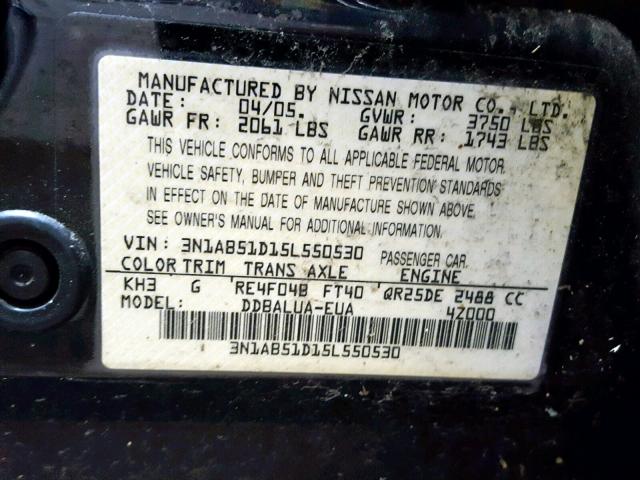 3N1AB51D15L550530 - 2005 NISSAN SENTRA SE- BLACK photo 10