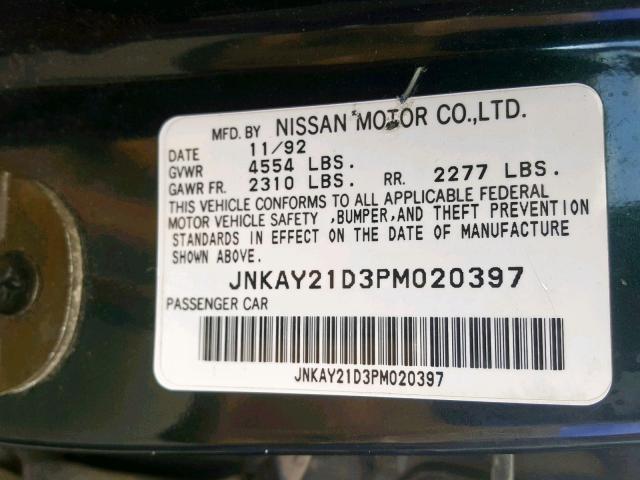 JNKAY21D3PM020397 - 1993 INFINITI J30 GREEN photo 10