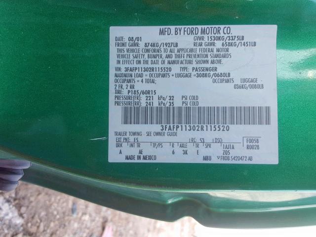 3FAFP11302R115520 - 2002 FORD ESCORT ZX2 GREEN photo 10