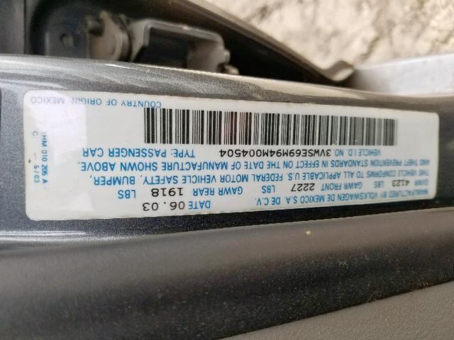 3VWSE69M94M004504 - 2004 VOLKSWAGEN JETTA GLS BLUE photo 10