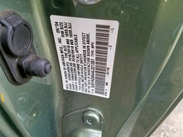 5J6YH28544L021391 - 2004 HONDA ELEMENT EX GREEN photo 10