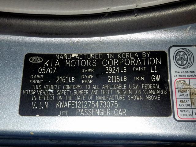 KNAFE121275473075 - 2007 KIA SPECTRA EX BLUE photo 10