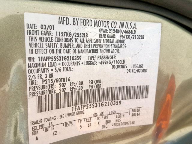 1FAFP55S31G210359 - 2001 FORD TAURUS SES GRAY photo 10