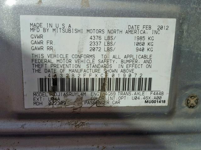 4A32B2FFXCE019072 - 2012 MITSUBISHI GALANT FE SILVER photo 10