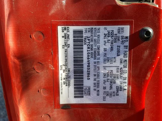 1FTCR10A6VPB52865 - 1997 FORD RANGER RED photo 10