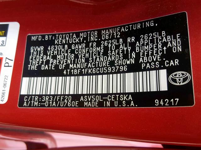 4T1BF1FK6CU593796 - 2012 TOYOTA CAMRY BASE RED photo 10