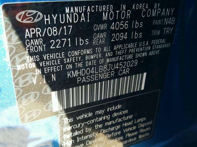 KMHD04LB8JU452029 - 2018 HYUNDAI ELANTRA SP BLUE photo 10